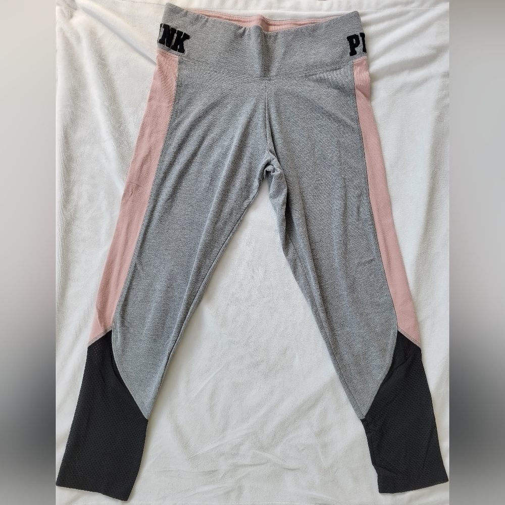 PINK Victoria's Secret yoga grey & blush pink w/ mesh detail capri legging S